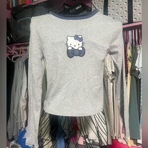 Hello Kitty Light Gray Long Sleeve Top with Navy Bow Graphic